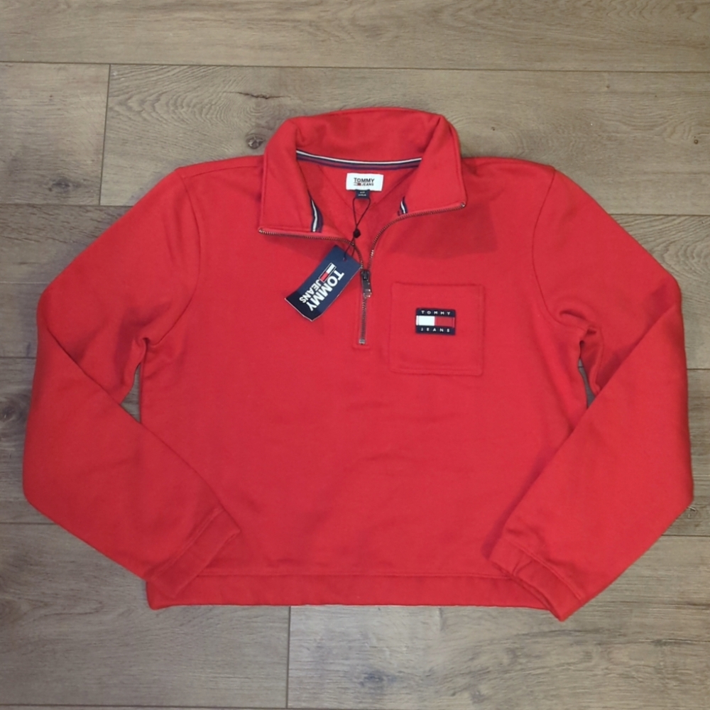 NWT Tommy Hilfiger Red Quarter-Zip Sweatshirt Size Small New With Tags
